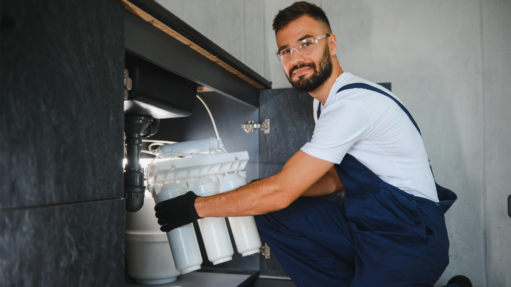 A man installing water filter looking at the camera